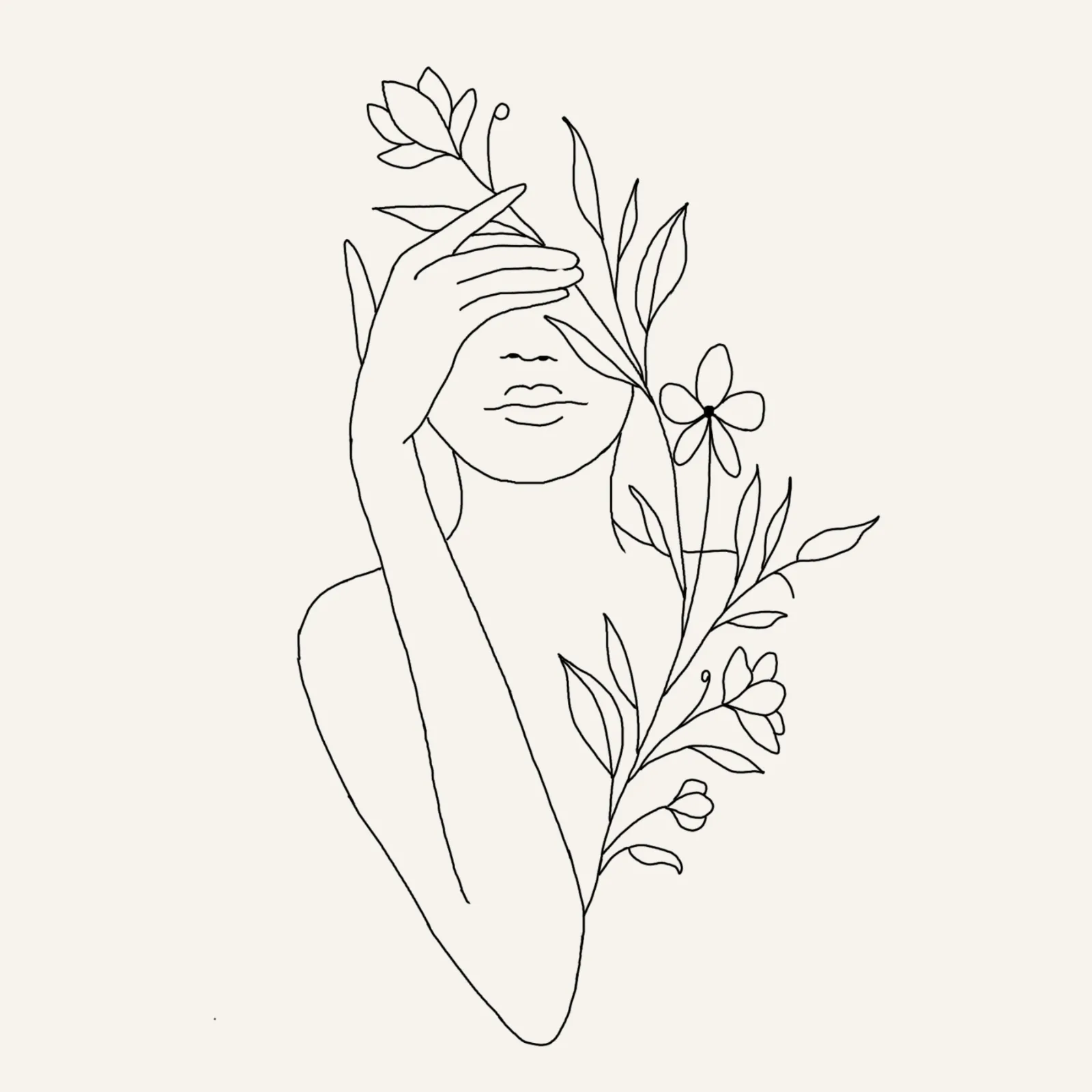 fine line flash tattoo design of a woman holding her hand over her face with a long stem of leaves and flowers on the right side of her chest and face