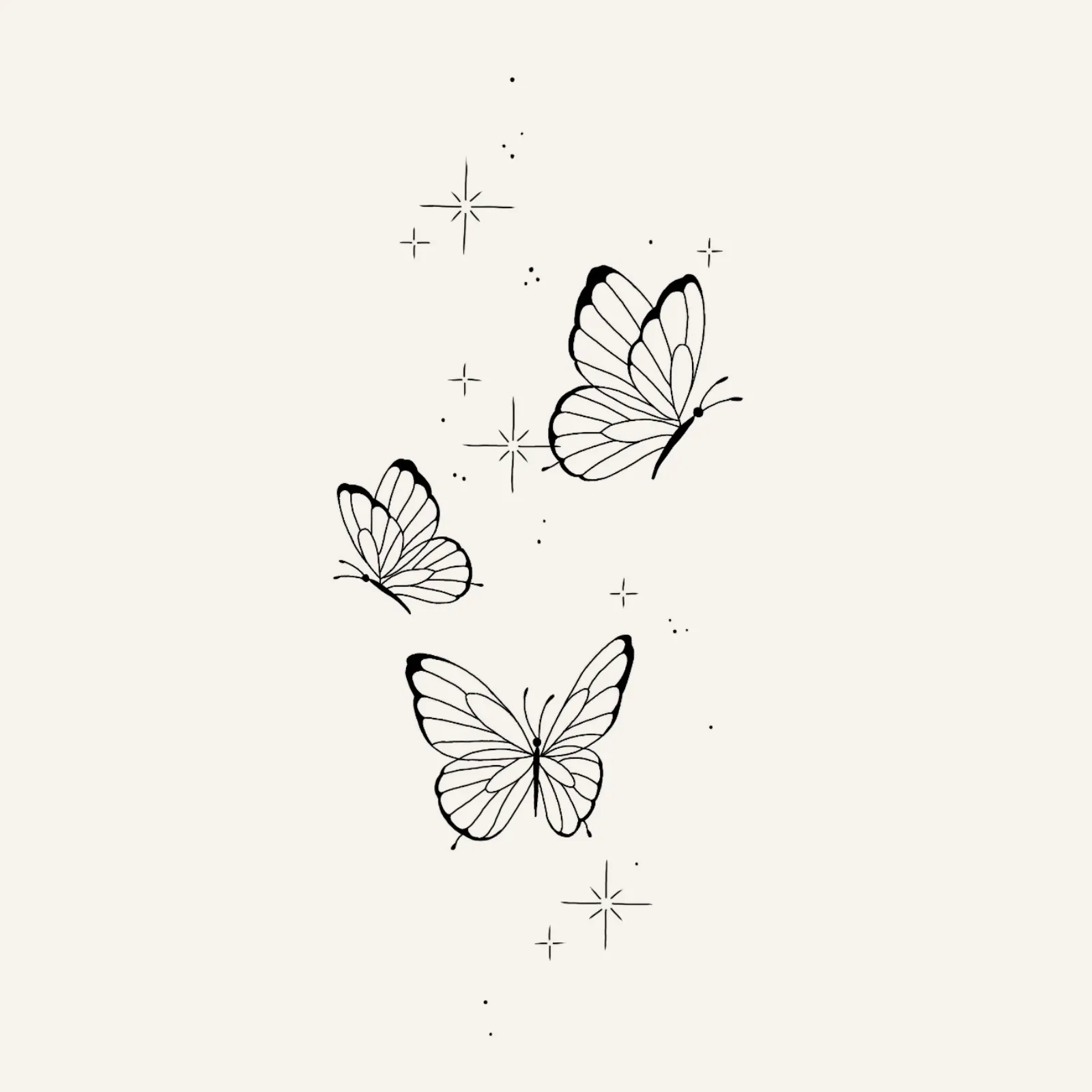 three fine line butterflies with delicate stars flash tattoo