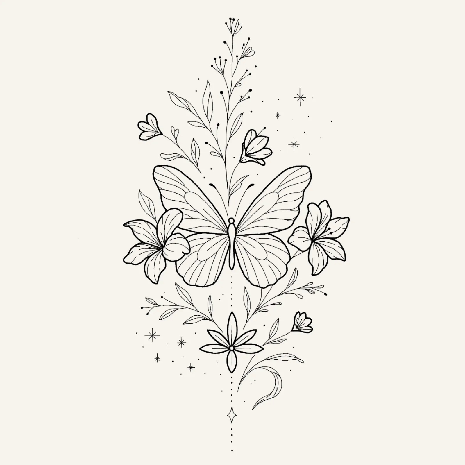fine line flash tattoo design of a large butterfly surrounded by beautiful lilies and delicate stars