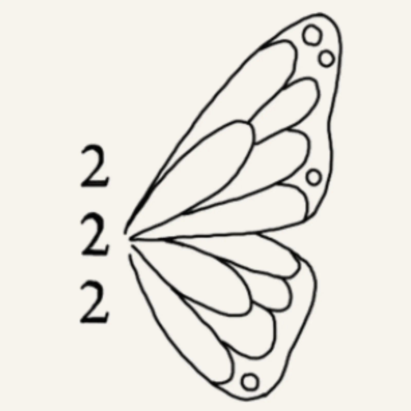 fine line flash tattoo design of the right half of a butterfly with open wings and 222 as the body