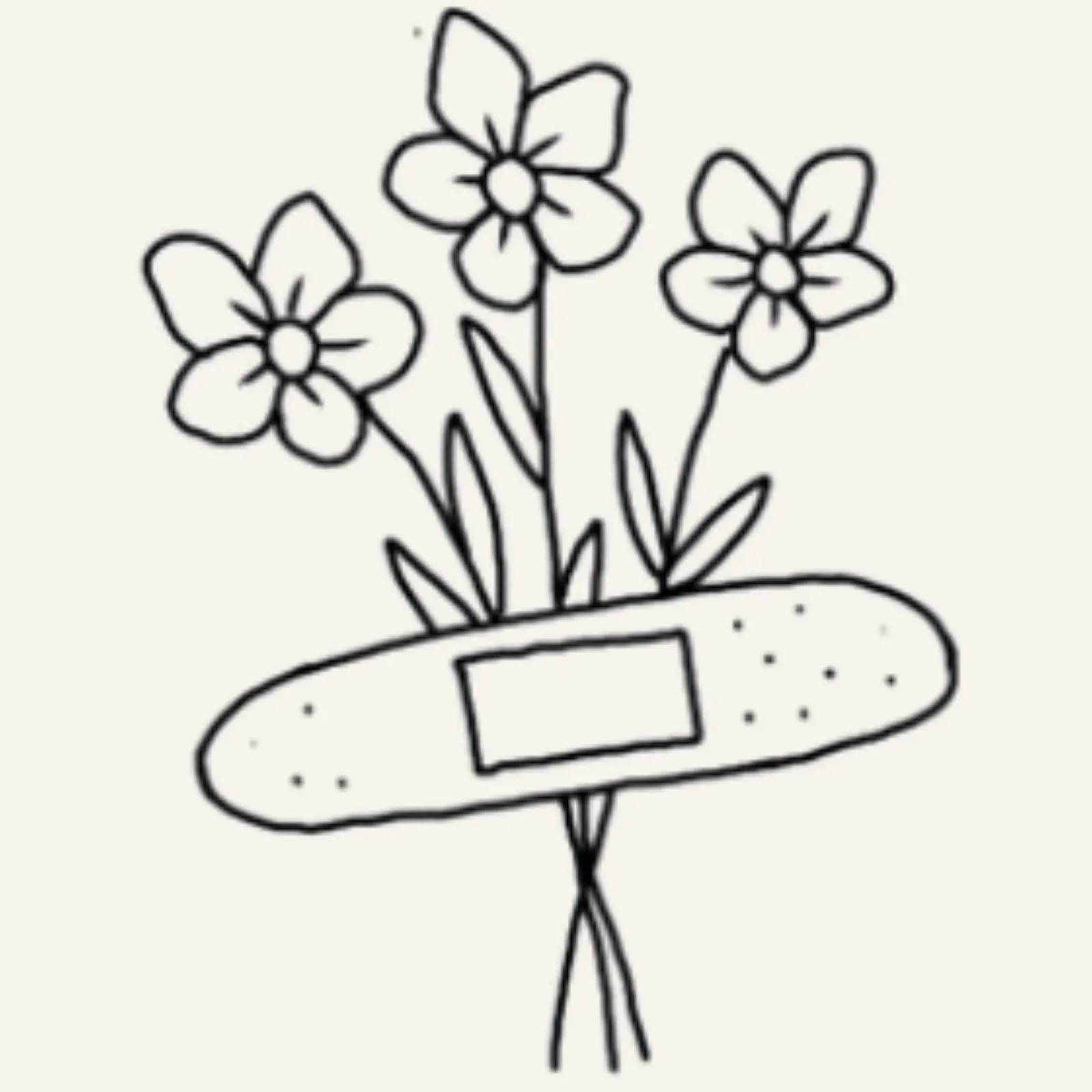 fine line flash tattoo design of a three flower bouquet with a bandaid over the stems