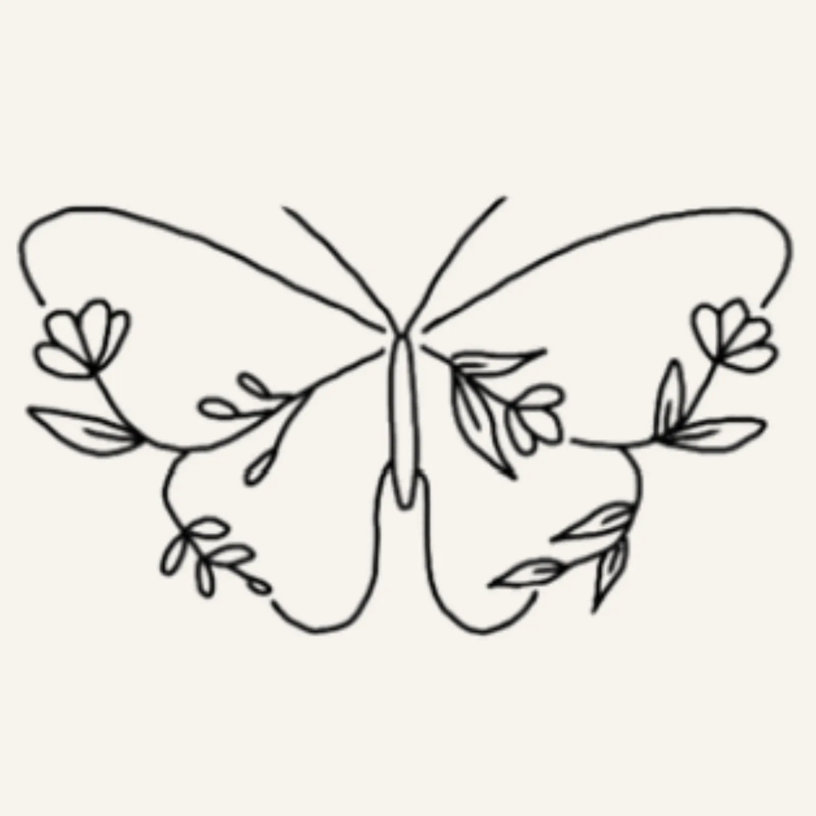 fine line flash tattoo design of a butterfly with leaves and flowers within the lines of the butterfly