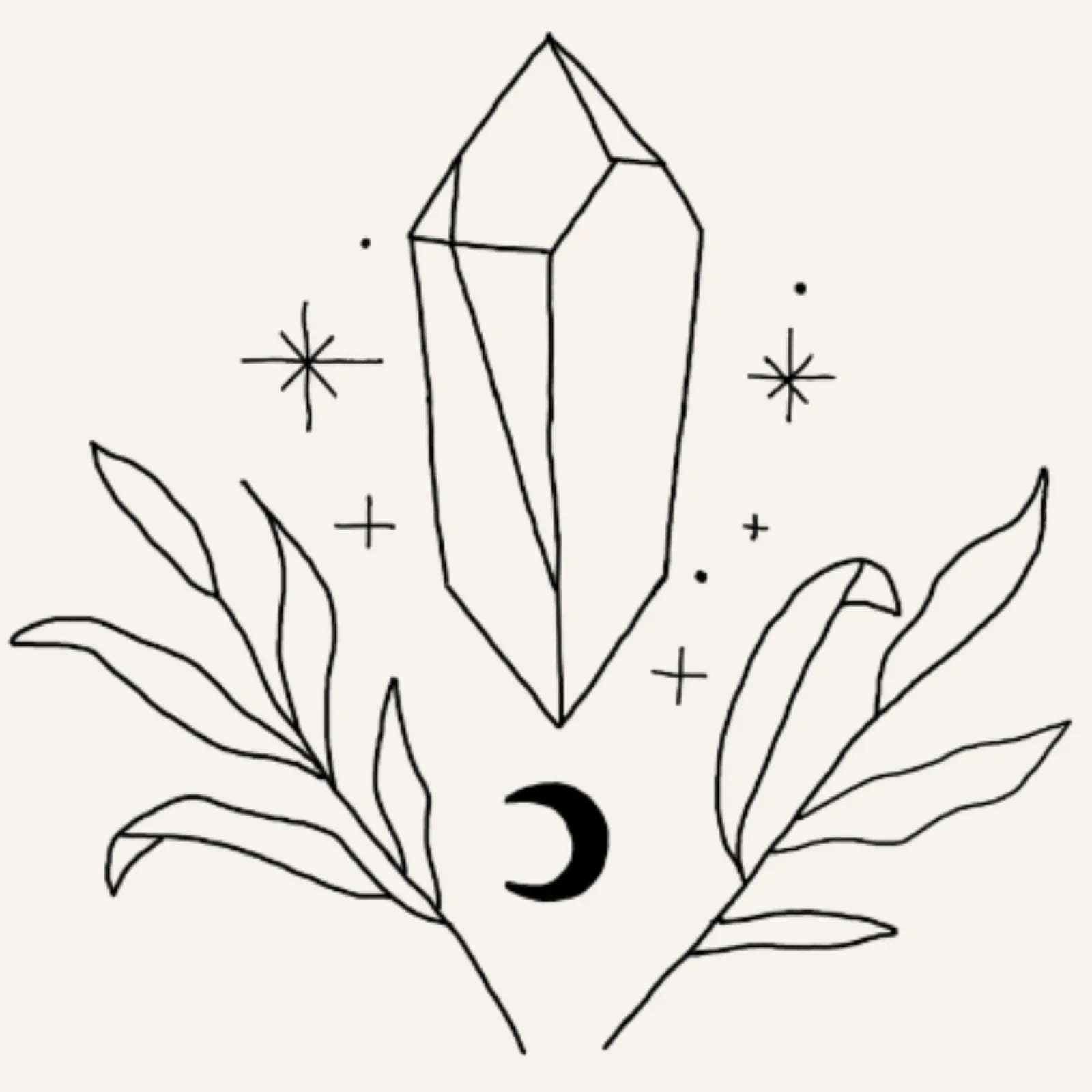 fine line flash tattoo design of a crystal with stars around it and a moon below as well as two stems with leaves on either side