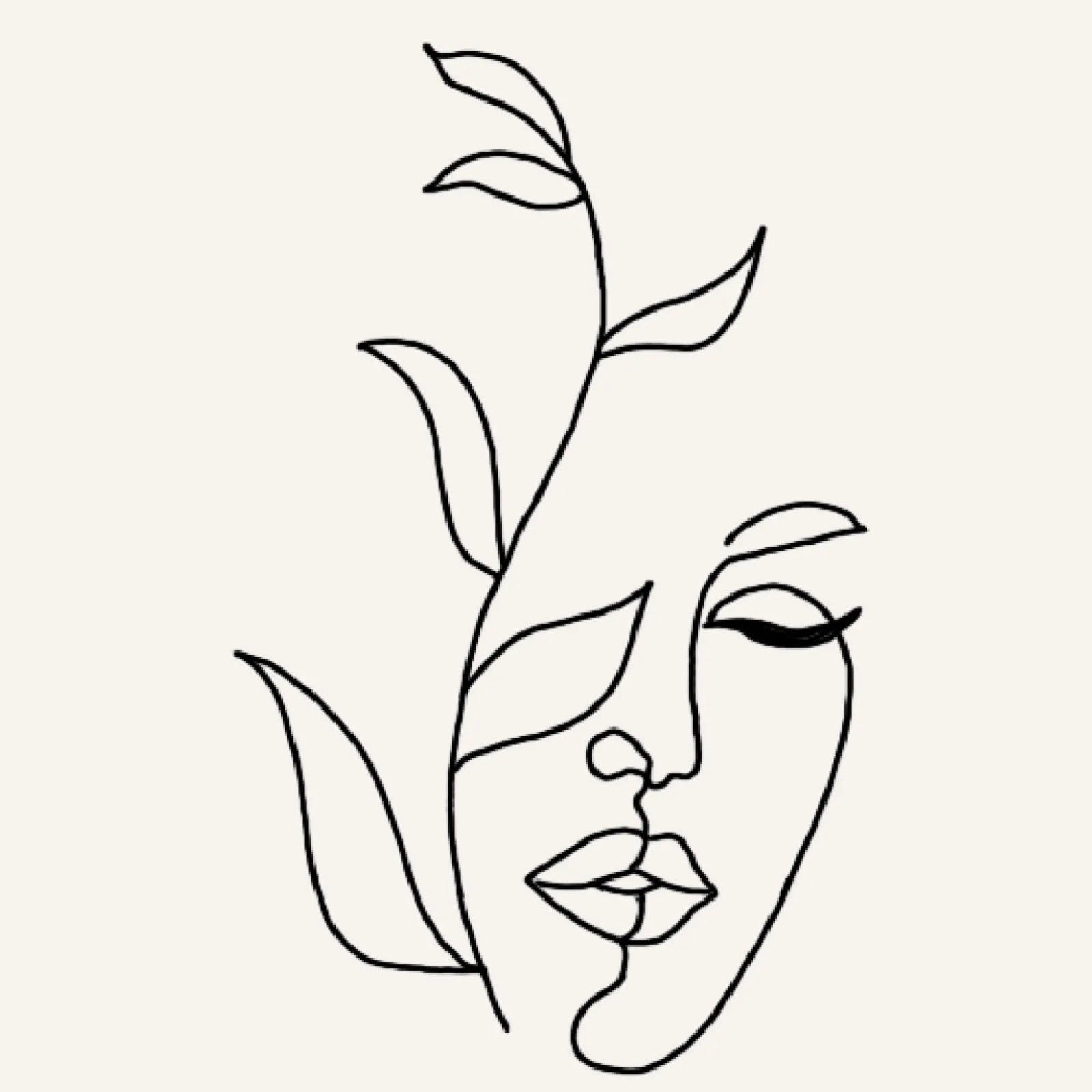 fine line flash tattoo of half a face drawn with a single line and a leafy vine on the other side