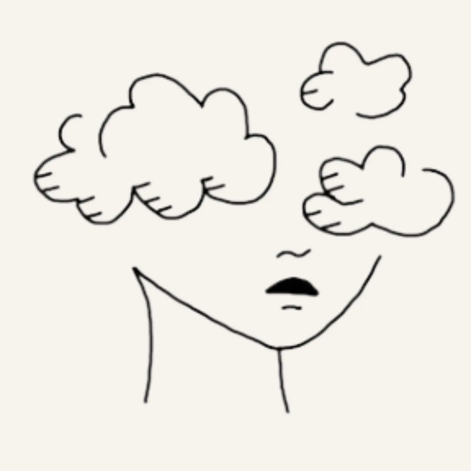 fine line flash tattoo design of the bottom half of a face and neck with three simply drawn clouds above
