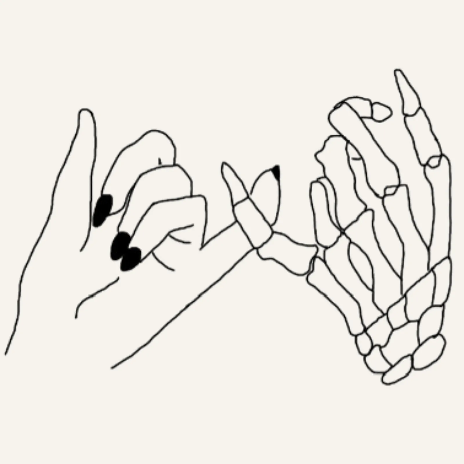 fine line flash tattoo design of two hands doing a pinky promise but one of the hands is a skeleton