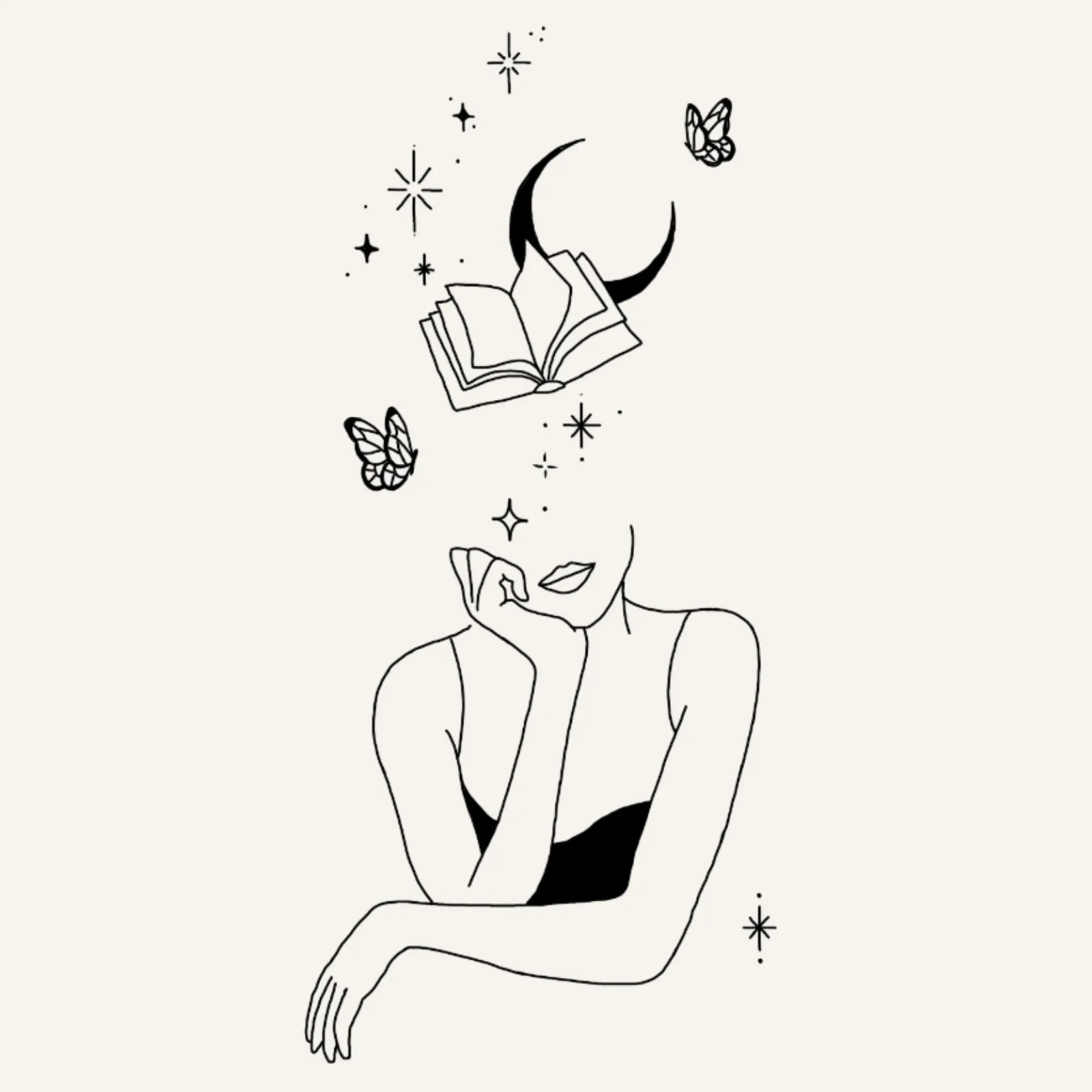 fine line flash tattoo design of a woman resting head on hand with a book and stars and moon and butterflies over the top half of her face and above