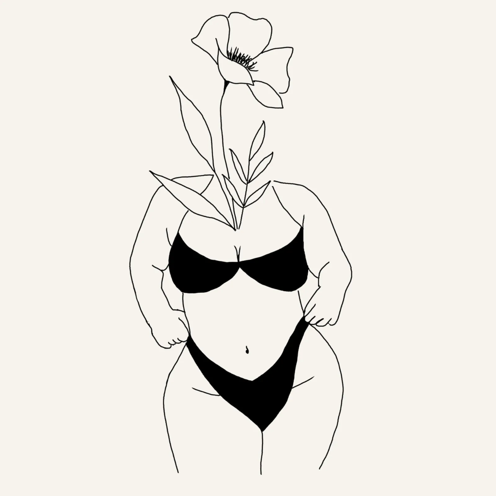 fine line flash tattoo design of a full bodied woman with solid black bikini and a poppy flower for a head