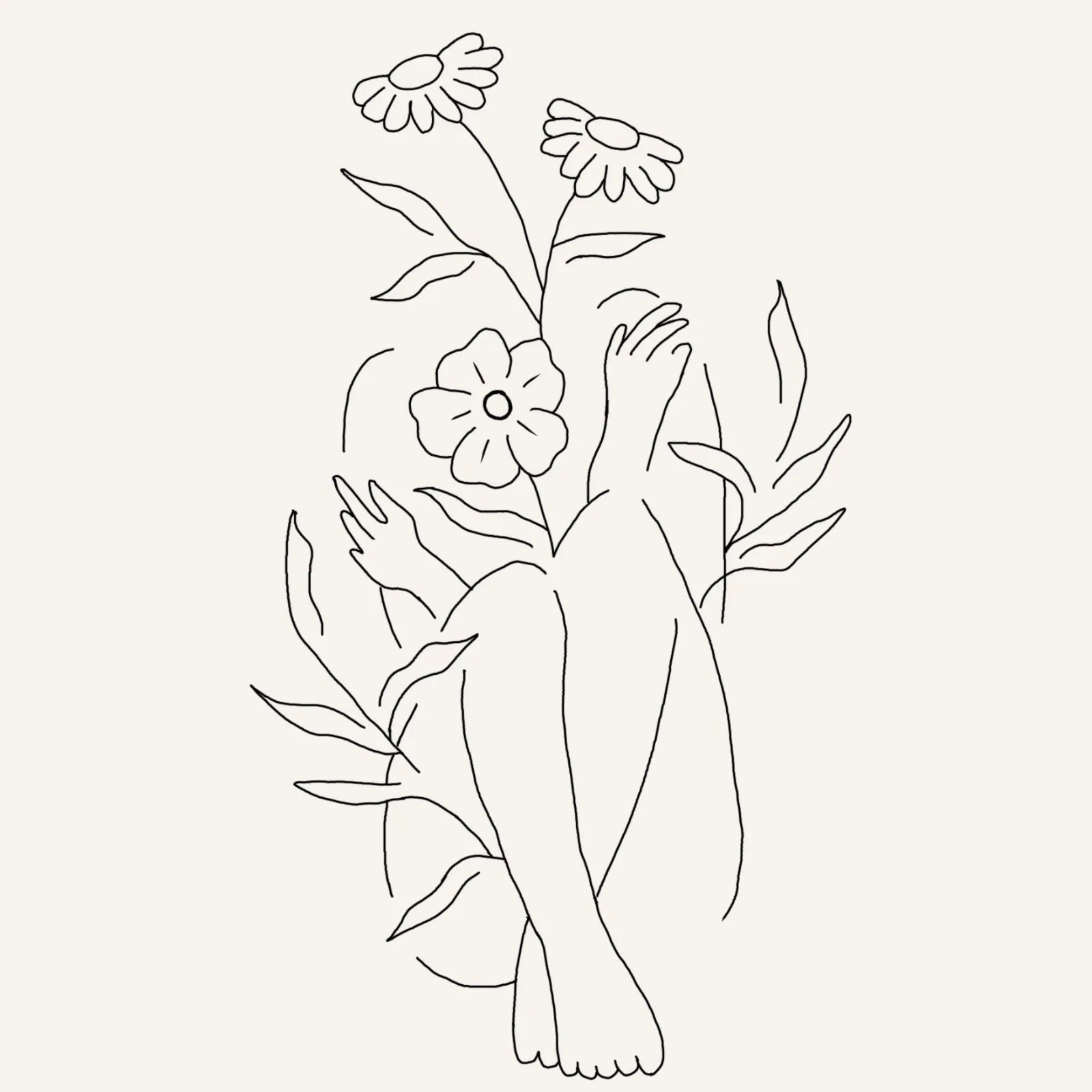 fine line flash tattoo design of a headless woman sitting down with her arms and legs crossed with simple flowers where the head should be and leaves hugging her body