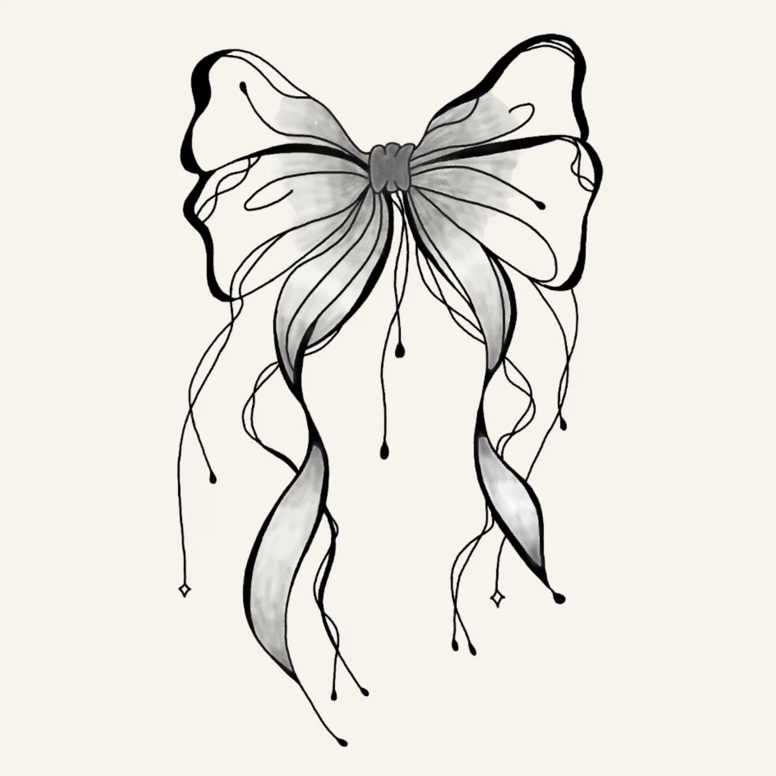 fine line flash tattoo design of a gothic bow with delicate hanging threads with shaded detail