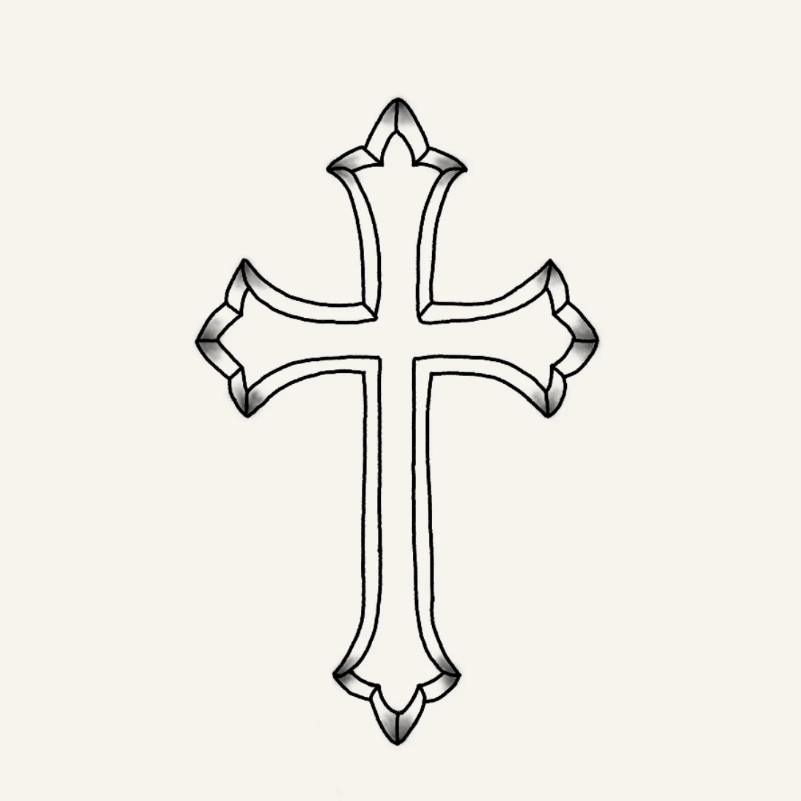 fine line flash tattoo design of a simple gothic cross with minimal shading for definition of the ornate corners