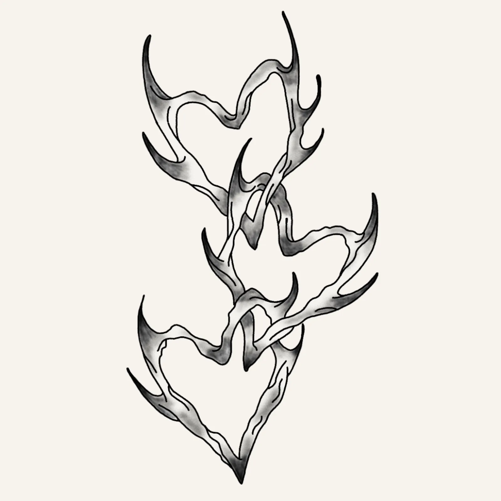 fine line flash tattoo design of three gothic hearts with horn like spikes intertwined like chains