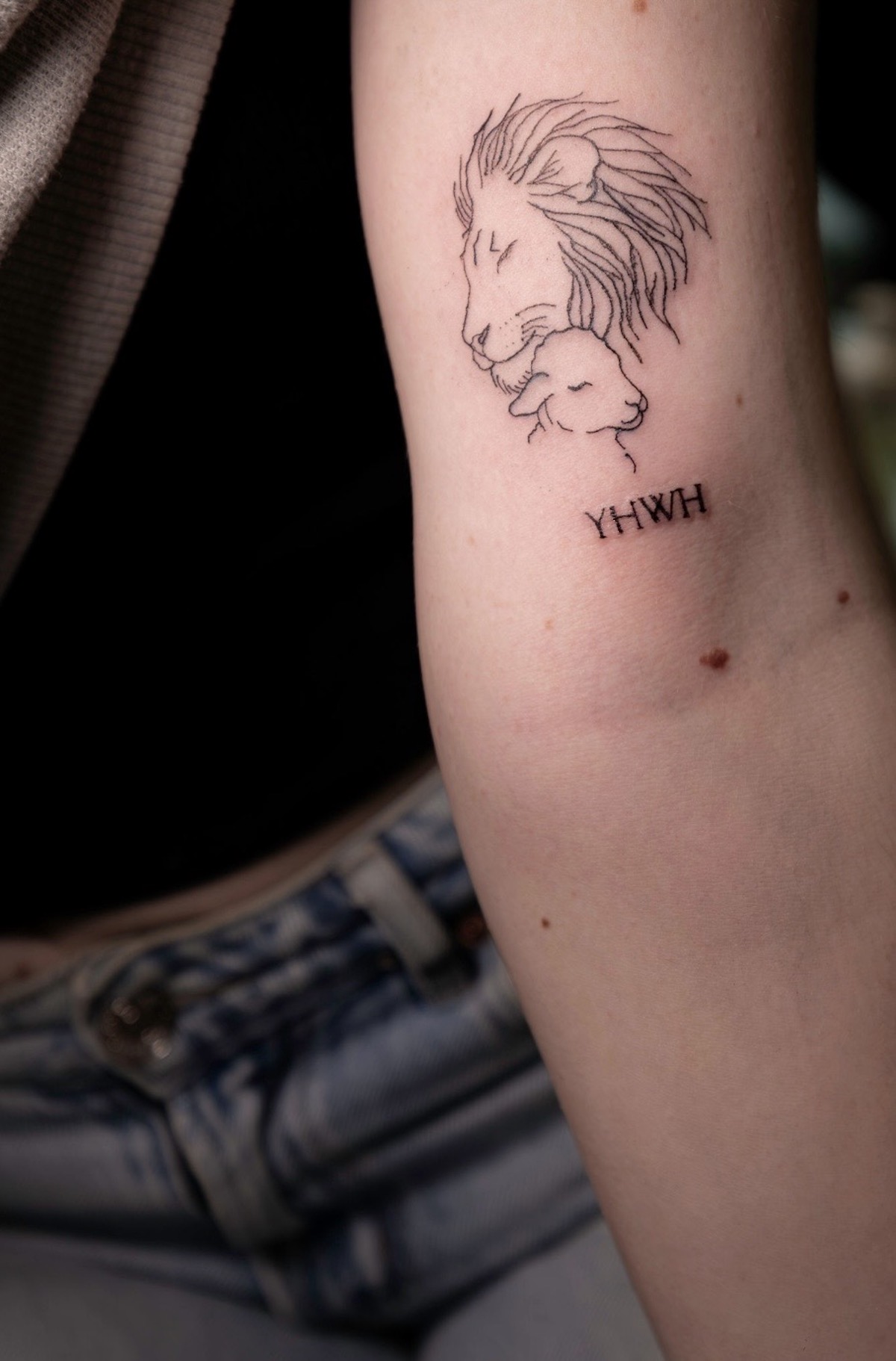 fine line tattoo of a lion and lamb with yhwh on bicep