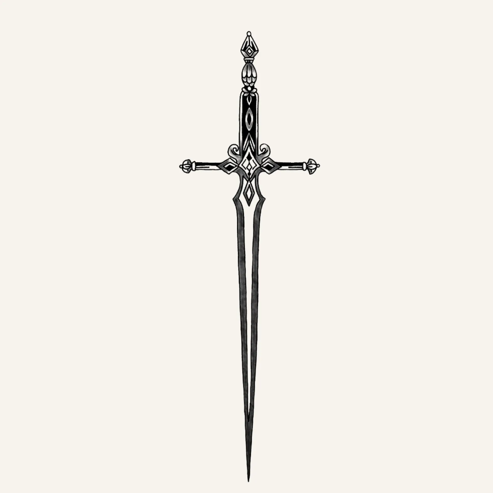 fine line flash tattoo design of a minimal realism jewelled sword