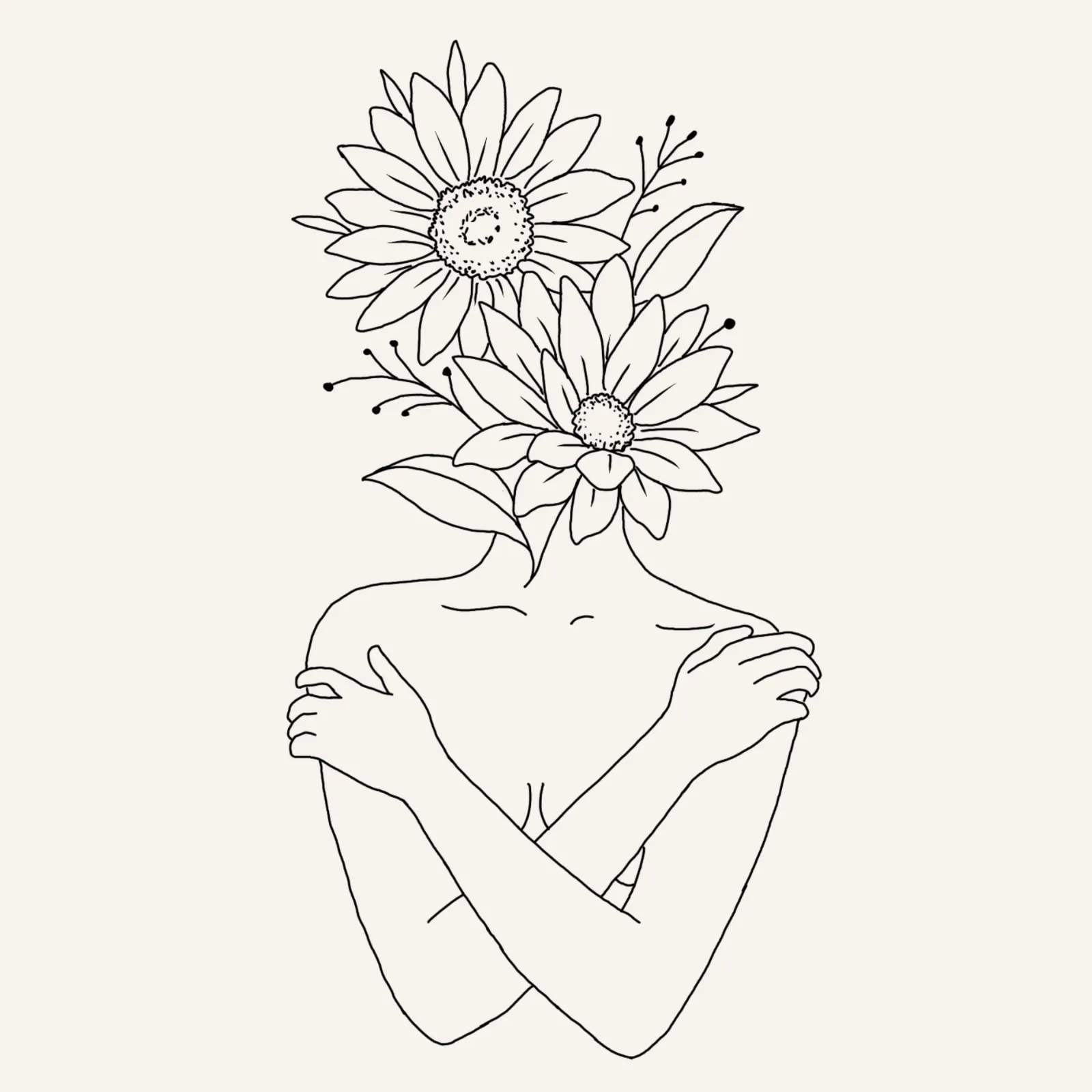 feminine fine line flash tattoo design of a woman hugging herself with sunflowers as the head